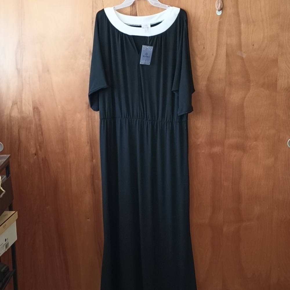 D24-15 Black Ivory Contrast Cutout V Neck 3/4 Batwing Sleeve Maxi Dress XL